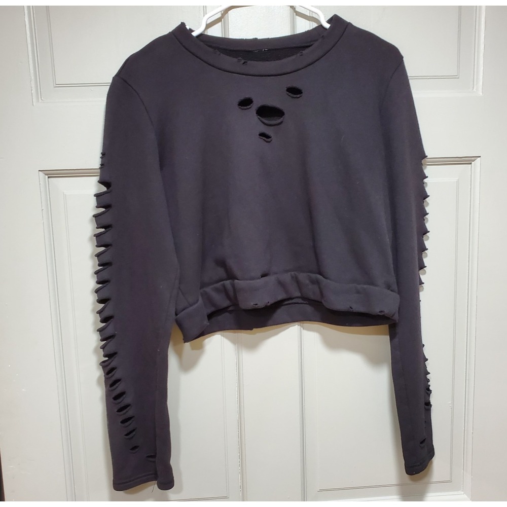 Alo Yoga Ripped Warrior Top Womens Medium Black Long Sleeve Distressed
